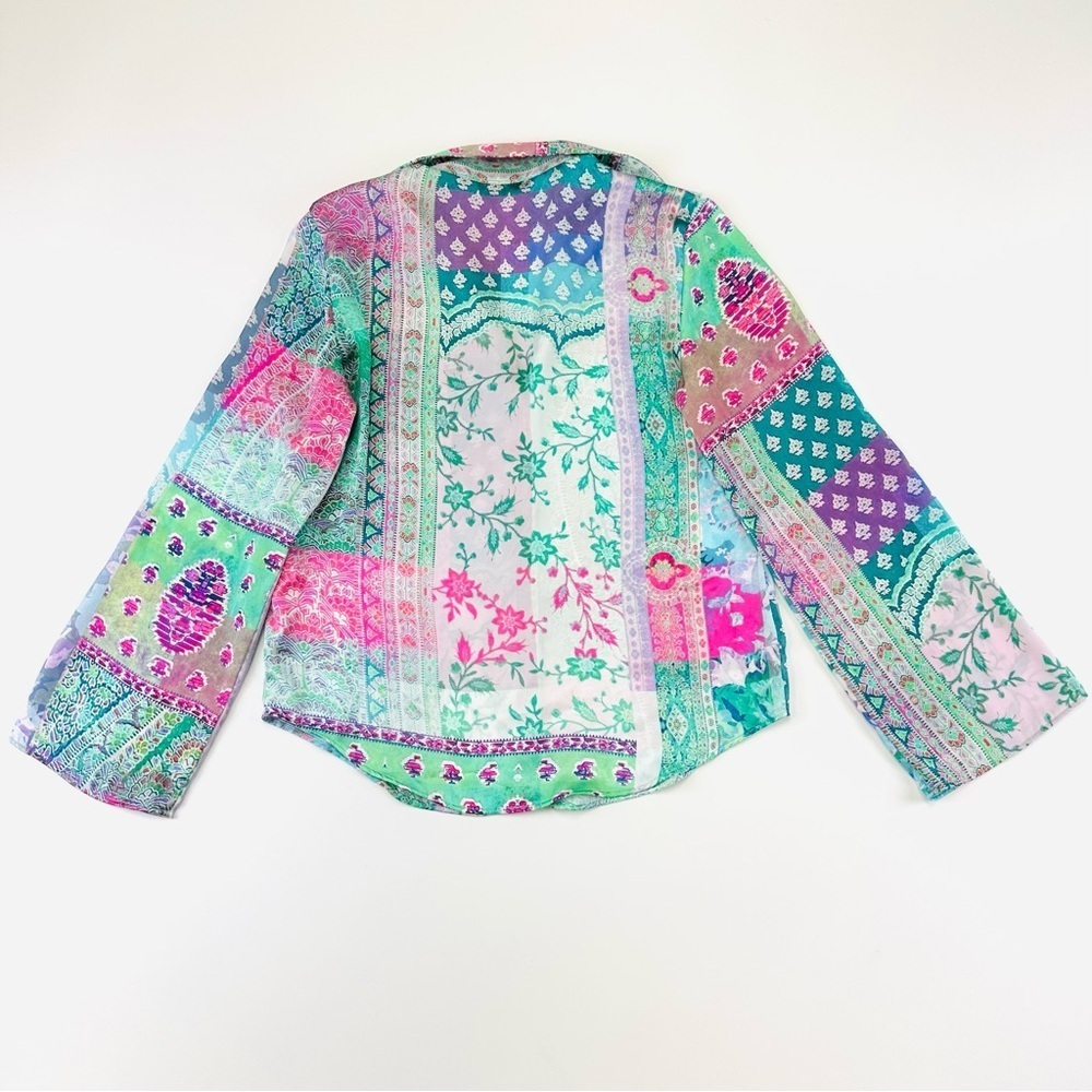 Zara bright patchwork blouse XS Oversize pink turquoise print button up Bohemian - Picture 9 of 11